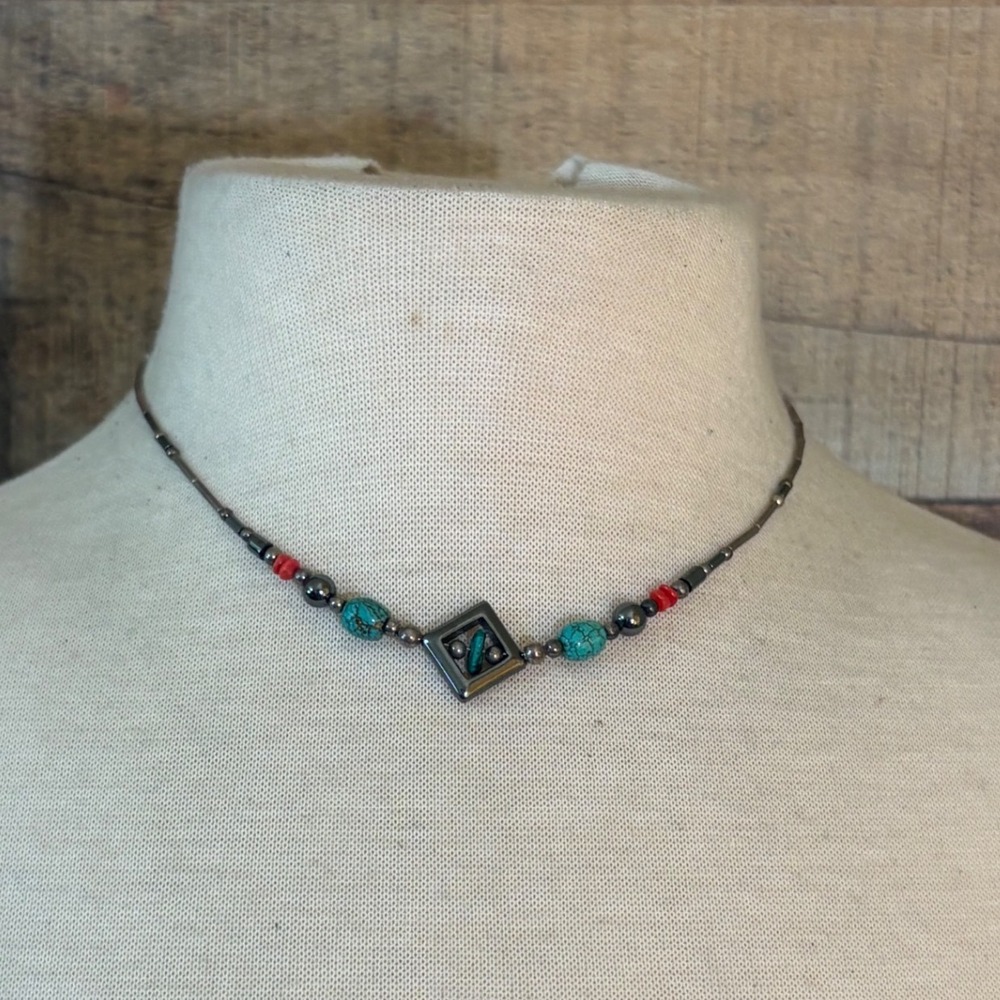 Southwestern Turquoise Hematite Liquid Silver Style  Necklaces